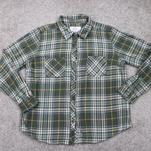 44 degrees North Flannel Shirt Womens Large Green/Yellow/White Cotton L/S Button